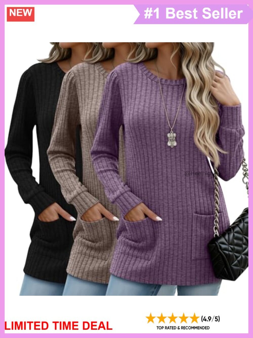 Ribbed Long Sleeve Sweater Tunic Top Crew Neck Pockets 3 Pack
